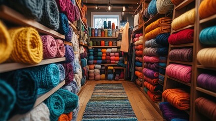 Colorful and Organized Interior Yarn Shelf Assortment Displayed for Crafting