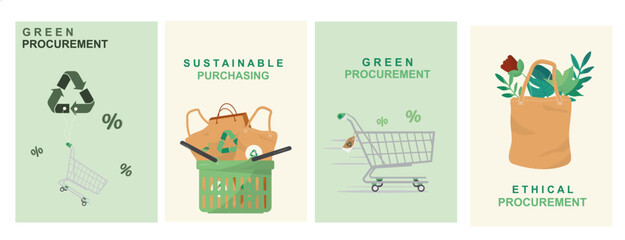 Green procurement sustainable purchasing banner template. Ethical business recycling shopping concept poster. Sustainable procurement posters collection. Green business.Flat style. Vector illustration