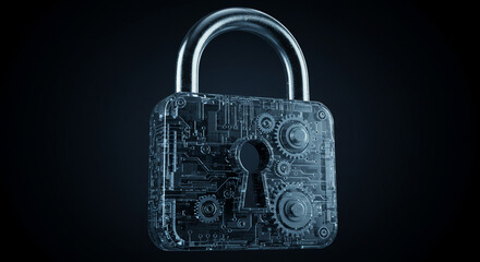 A transparent padlock with internal gears and circuitry against a dark background in a studio shot