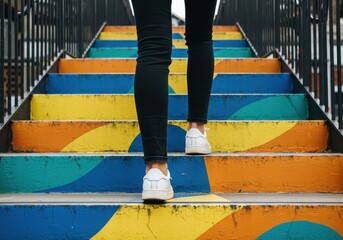 Person walks up colorful painted outdoor staircase
