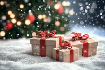 3D Christmas holiday mockup, festive gift boxes with bows on snowy background, soft lighting