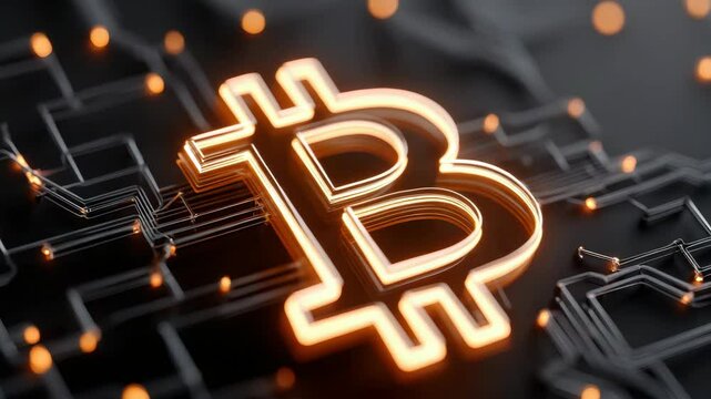 Stylized Bitcoin logo with glowing effects on a dark digital background symbolizing cryptocurrency innovation.
