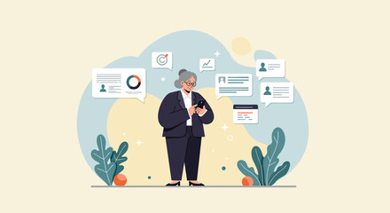 a man in a suit standing next to a plant