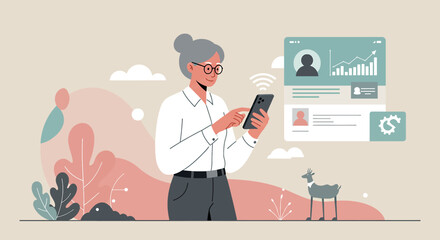 a woman is using her phone while standing in front of a wall with a dog