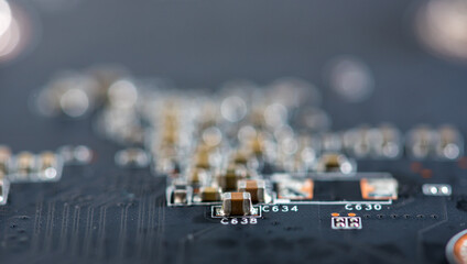 Abstract, Close up at electronic circuits, we see the technology of the mainboard, which is the...