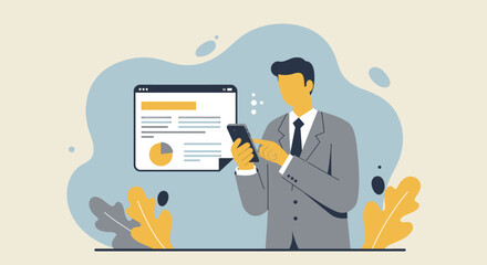 a man in a suit using a smartphone, with a presentation slide visible in the background. Suitable for landing page, banner, marketing, web design, presentation, infographic, etc.