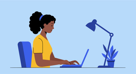 a woman sitting at a desk, working on a laptop with a lamp beside her, and a potted plant to her right. Suitable for landing page, banner, marketing, web design, presentation, infographic, etc.