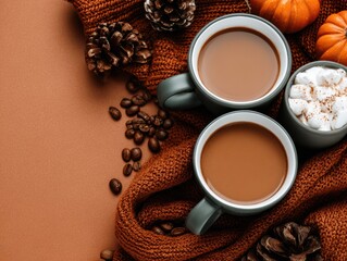 mugs with coffee and warm pumpkin spice drinks in a cozy setting with dark orange background