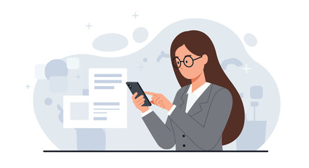 a woman in a business suit using a smartphone, with a light background featuring abstract shapes and lines. Suitable for landing page, banner, marketing, web design, presentation, infographic, etc.