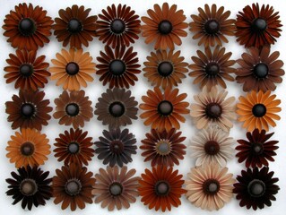 Rows of flowers with a white background. The flowers are of different shades of brown and are arranged in a grid