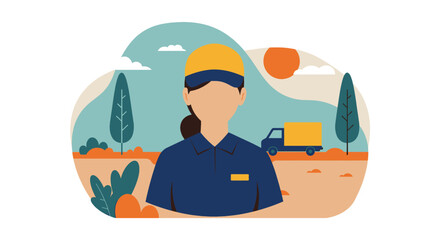 A delivery woman in a blue uniform stands confidently in front of a delivery truck, representing reliable and efficient shipping services against a landscape background.