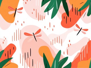 illustration of dragonflies with abstract and decorative plants around them.