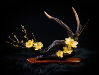 wooden sculpture with natural feel and shiny yellow flowers on a solid black background.