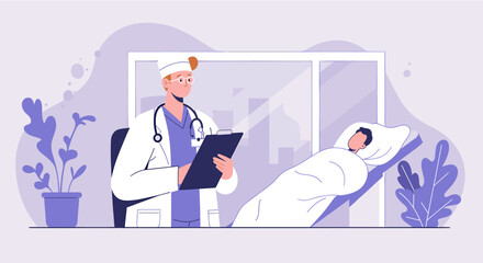 A friendly male doctor in a white coat attentively examines the medical chart of a male patient lying on an examination table in a bright and welcoming doctor's office.