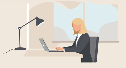 A young businesswoman sits at her desk in a modern office, working on her laptop computer, with a desk lamp illuminating her workspace, showcasing a productive work-from-home atmosphere.