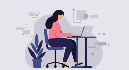 A young woman sits at a desk, focused on her laptop, in a minimalist, modern workspace, surrounded by subtle technological elements suggesting productivity and digital work.