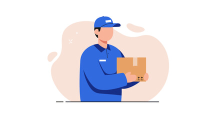 a delivery person in a blue uniform and cap, holding a cardboard box with two shipping symbols on it. Suitable for landing page, banner, marketing, web design, presentation, infographic, etc.
