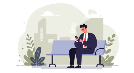 A man in a suit is sitting on a bench, engrossed in his phone, with a cityscape in the background. Suitable for landing page, banner, marketing, web design, presentation, infographic, etc.