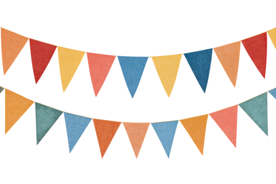 Colorful bunting banner for a party, isolated on a transparent background in PNG format.