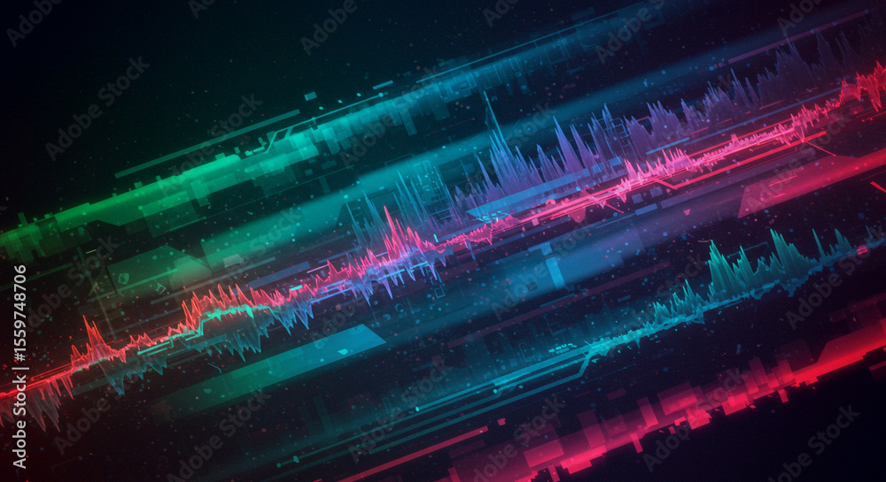 Poster abstract representation of sound waves with vibrant colors on a dark background design effect