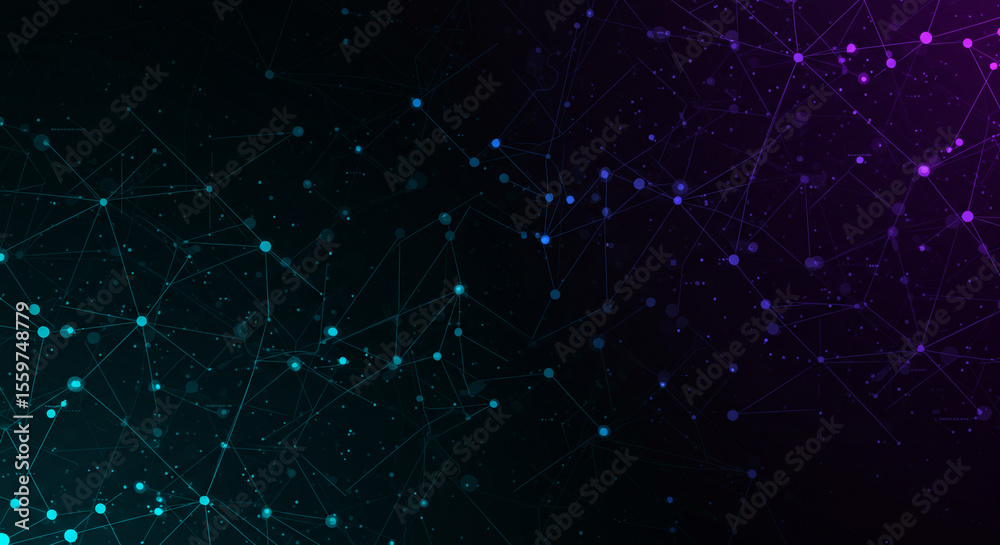 Poster abstract network with glowing nodes and connecting lines in purple and teal gradient background