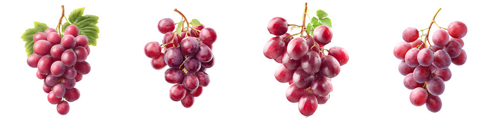 Fototapeta premium Four Bunches of Fresh Crimson Grapes Isolated on White Background, Displaying Vibrant Color and Juicy Texture, Perfect for Food and Healthy Lifestyle