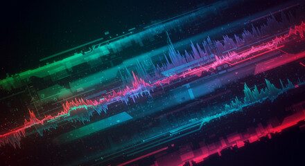 Abstract representation of sound waves with vibrant colors on a dark background design effect