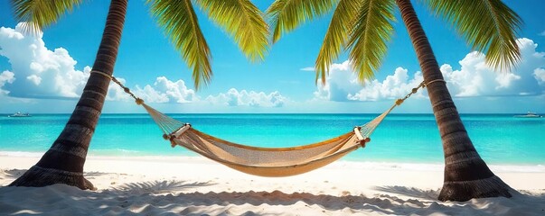Serene Hammock Escape Tranquil Ocean View, Palm Trees, Summer Relaxation