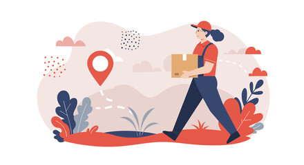 A delivery woman in a red uniform walks confidently carrying a package, following a route marked on a map, signifying reliable and timely delivery service.