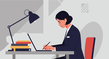 Focused businesswoman in a modern office setting, diligently working on paperwork at her desk with a laptop and desk lamp, showcasing professionalism and dedication.