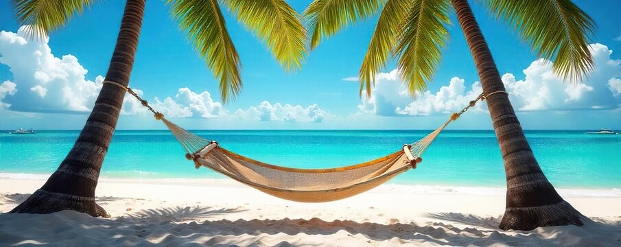 Serene Hammock Escape Tranquil Ocean View, Palm Trees, Summer Relaxation