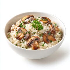 Mushroom risotto looks tempting in white bowl with parsley garnish. Delicious