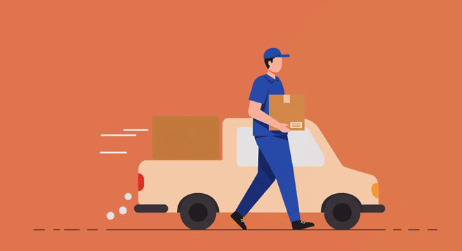 A delivery man in blue uniform carries a package alongside his pickup truck, signifying fast and reliable shipping service against a muted orange background.