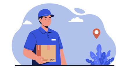 a delivery person in a blue uniform holding a package, with a location marker in the background. Suitable for landing page, banner, marketing, web design, presentation, infographic, etc.