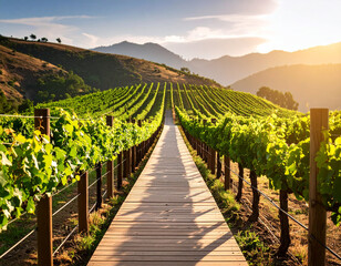 Obraz premium Sunlit Vineyard Walkway A Serene Path Through Lush Vines