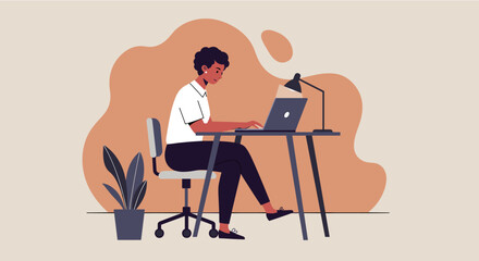 A young woman sits at her desk, focused on her laptop, in a minimalist and modern home office setting, working diligently on her tasks.