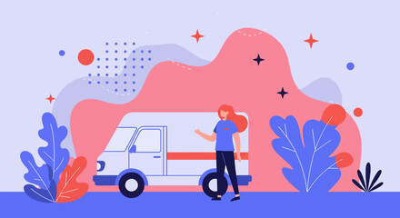 A friendly female courier stands proudly beside her delivery van, ready to provide efficient and reliable shipping services, showcasing a modern approach to logistics and transportation.