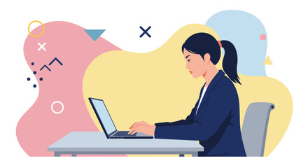 a woman working on a laptop at a desk, with abstract shapes and colors in the background. Suitable for landing page, banner, marketing, web design, presentation, infographic, etc.