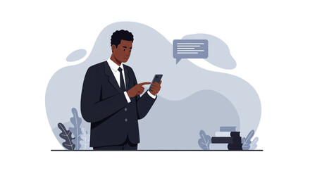 a man in a suit standing and using a smartphone, with a speech bubble containing text. Suitable for landing page, banner, marketing, web design, presentation, infographic, etc.