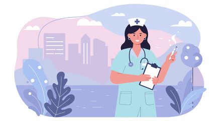 A compassionate female nurse stands confidently in her uniform with a stethoscope, holding a clipboard and syringe, representing dedicated healthcare services.