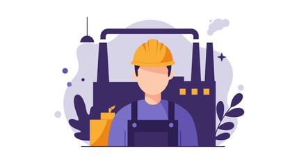 a construction worker wearing a hard hat, standing in front of a factory with industrial equipment and plants. Suitable for landing page, banner, marketing, web design, presentation, infographic, etc.