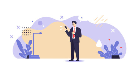 a man in a suit standing in front of a microphone