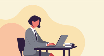 a woman in a business suit sitting at a desk, working on a laptop with a stack of books beside her. Suitable for landing page, banner, marketing, web design, presentation, infographic, etc.
