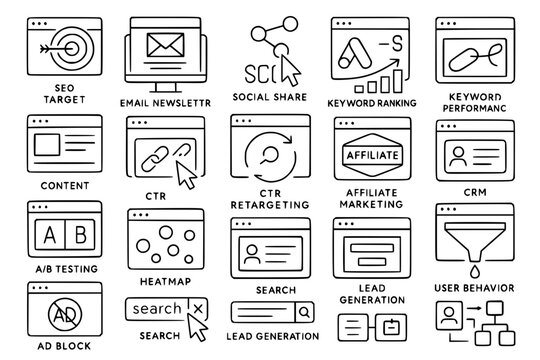 Advanced Digital Marketing and SEO Analytics Icon Set - Line Style Web Performance Icons