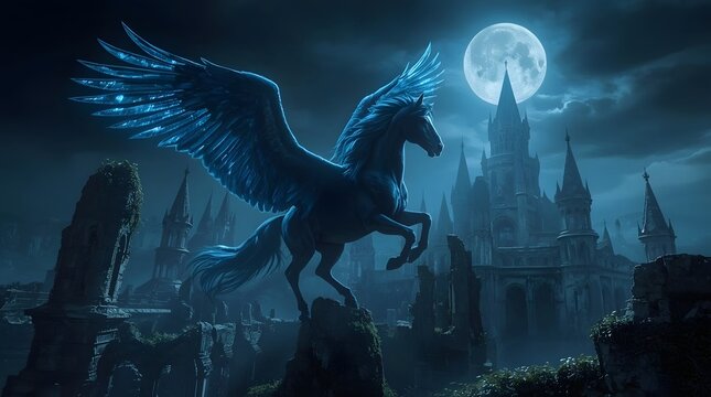 Magical Moonlit Horse Riding Scene at Castle with Towers - Powered by Adobe