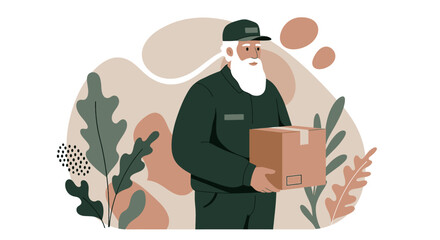 A senior delivery man with a long white beard is carrying a package, standing against a soft background with abstract plants and shapes, conveying a sense of reliability and timely delivery service.