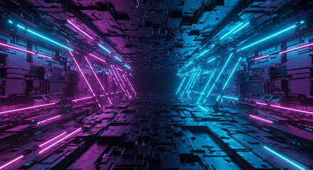Futuristic tunnel with neon lights creating triangular shapes in shades of blue and purple colors