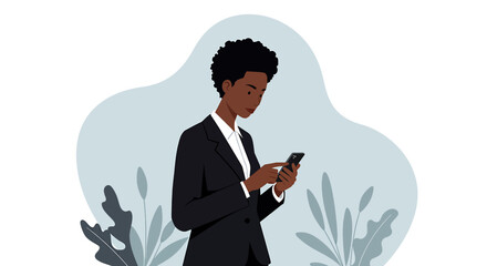 a person dressed in a suit standing and looking at a smartphone, with plants in the background. Suitable for landing page, banner, marketing, web design, presentation, infographic, etc.