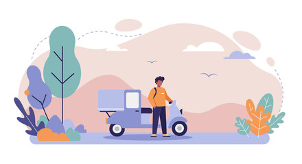 A man stands beside a delivery van in a stylized landscape with trees, plants, and a sky with clouds. Suitable for landing page, banner, marketing, web design, presentation, infographic, etc.