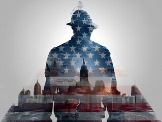 Modern Independence Day Poster: Abstract Flag Stripe Background, Iconic Skyline Silhouettes, Military Triangle with Dog Tags/Cap/Tattoos Vector Design